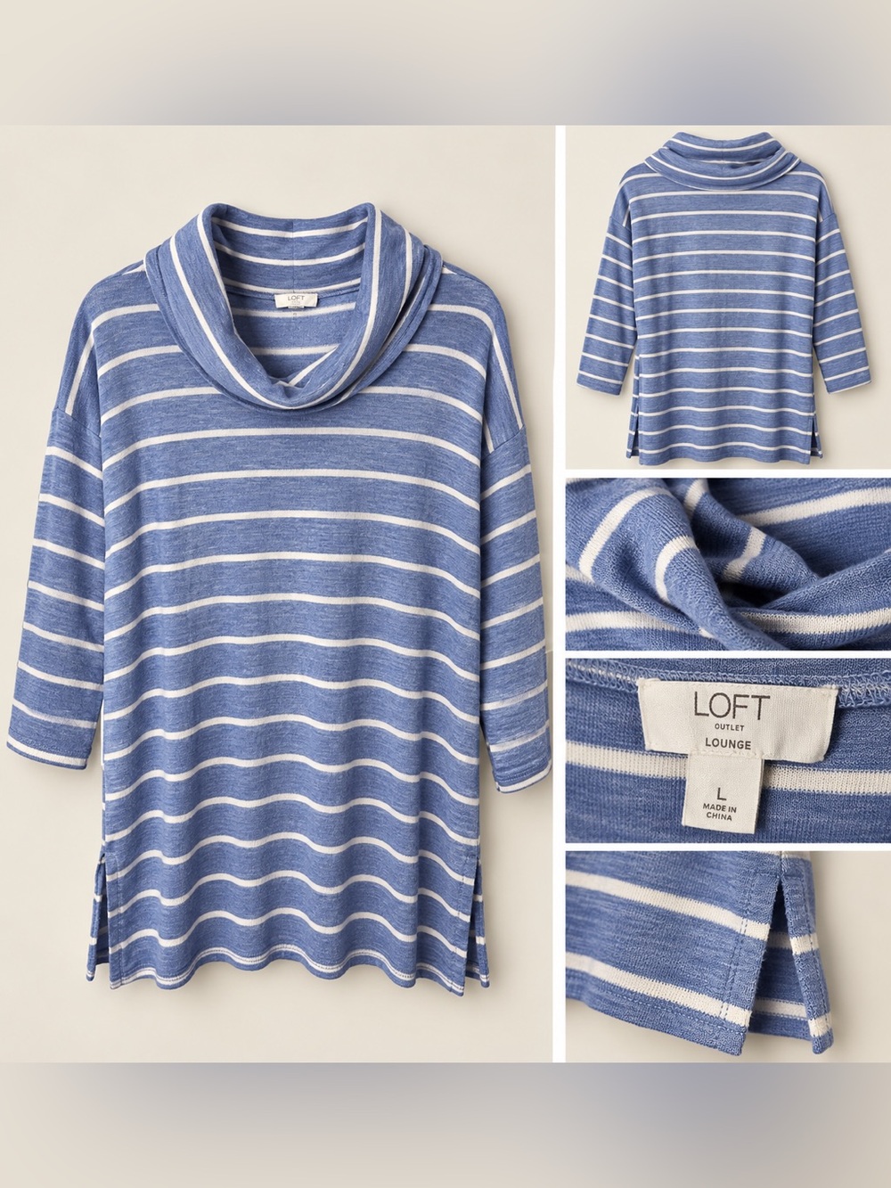 LOFT Blue & White Striped Cowlneck Tunic